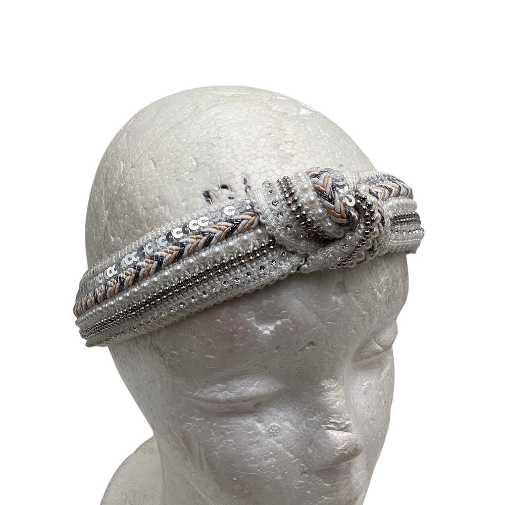White Embellished Top Knot Headband Faux Pearl‎ Sequin Rhinestone Boho Glam Hair